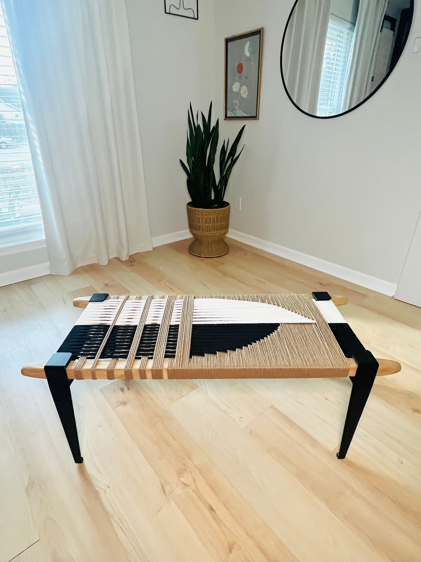 Mid Century Bench | Custom Size Woven Entryway Seating With Matte Black Legs