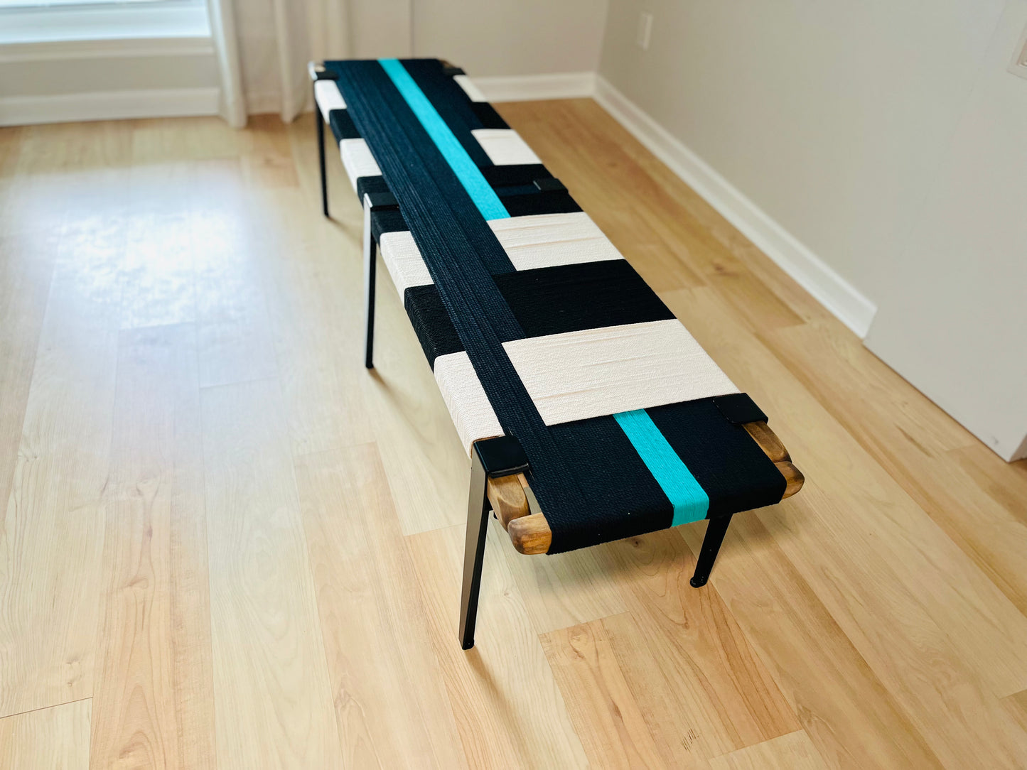 Mid Century Bench | Custom Size Woven Entryway Seating With Matte Black Legs