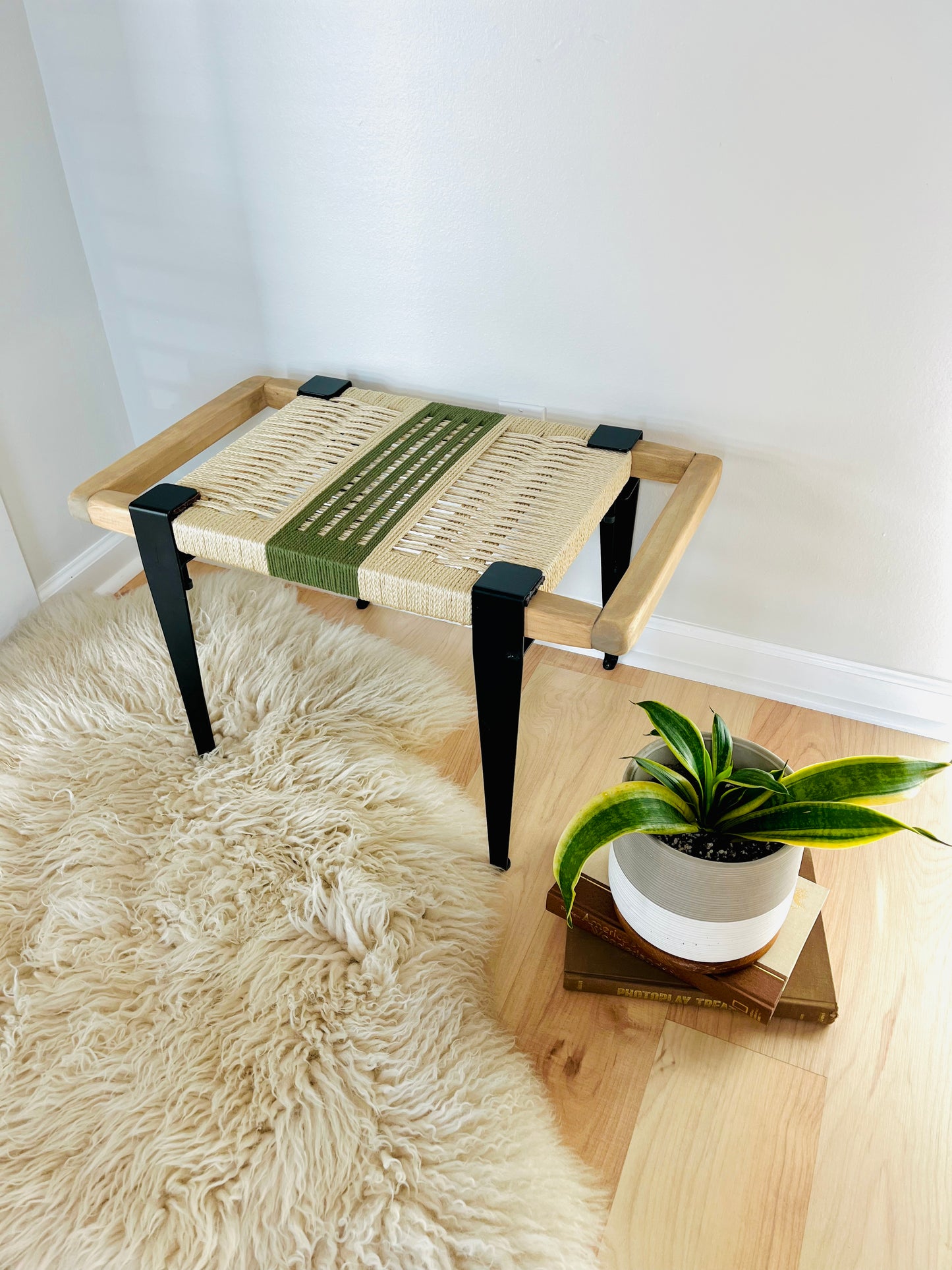 Mid Century Bench | Custom Size Woven Entryway Seating With Matte Black Legs
