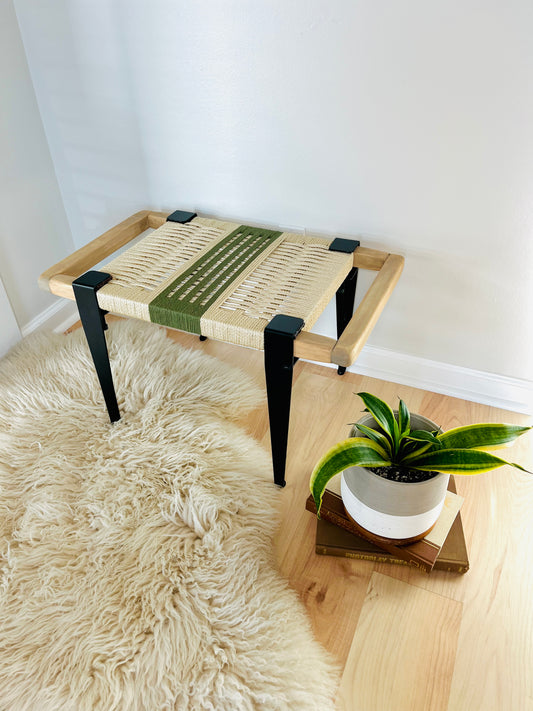 Mid Century Bench | Custom Size Woven Entryway Seating With Matte Black Legs