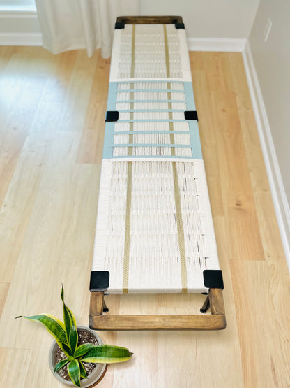 Mid Century Bench | Custom Size Woven Entryway Seating With Matte Black Legs