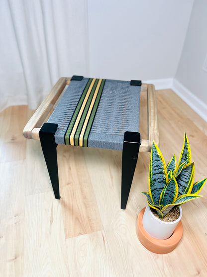 Mid Century Bench | Custom Size Woven Entryway Seating With Matte Black Legs