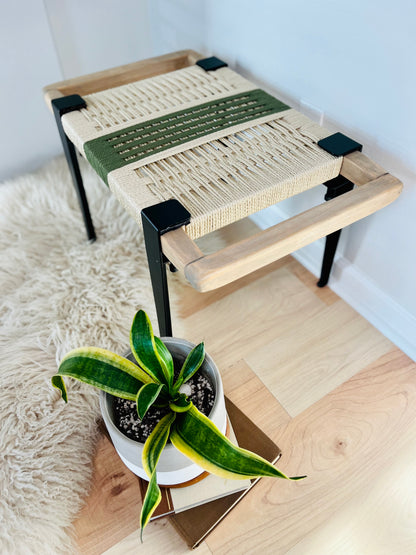 Mid Century Bench | Custom Size Woven Entryway Seating With Matte Black Legs