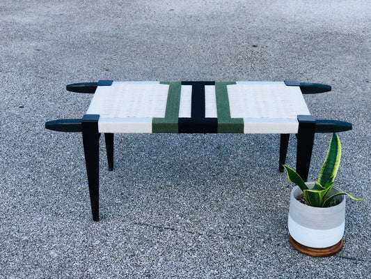Mid Century Bench | Custom Size Woven Entryway Seating With Matte Black Legs