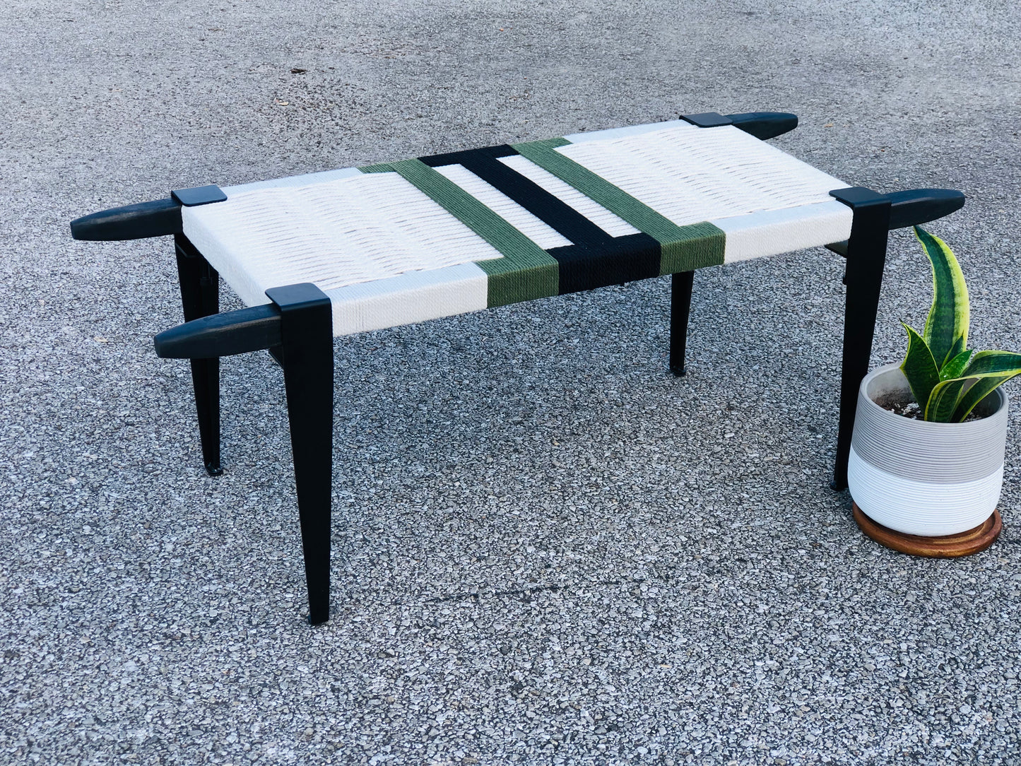 Mid Century Bench | Custom Size Woven Entryway Seating With Matte Black Legs