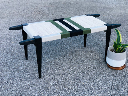 Mid Century Bench | Custom Size Woven Entryway Seating With Matte Black Legs