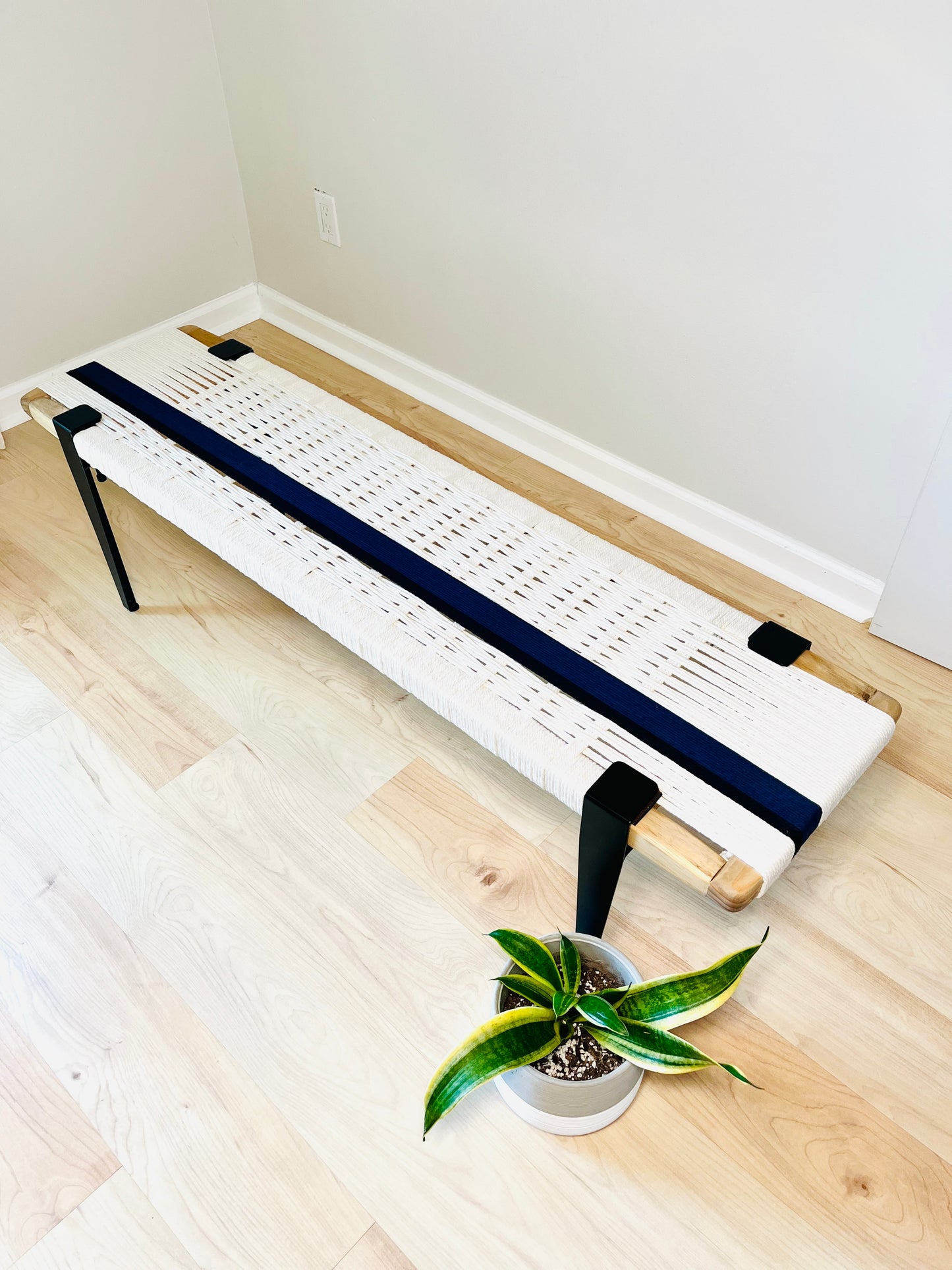 Mid Century Bench | Custom Size Woven Entryway Seating With Matte Black Legs
