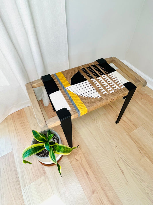 Mid Century Bench | Custom Size Woven Entryway Seating With Matte Black Legs