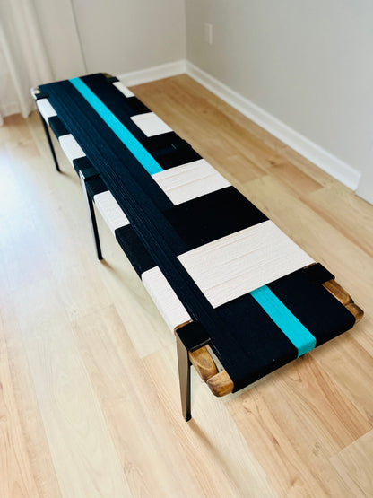 Mid Century Bench | Custom Size Woven Entryway Seating With Matte Black Legs