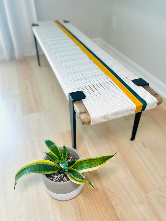 Mid Century Bench | Custom Size Woven Entryway Seating With Matte Black Legs