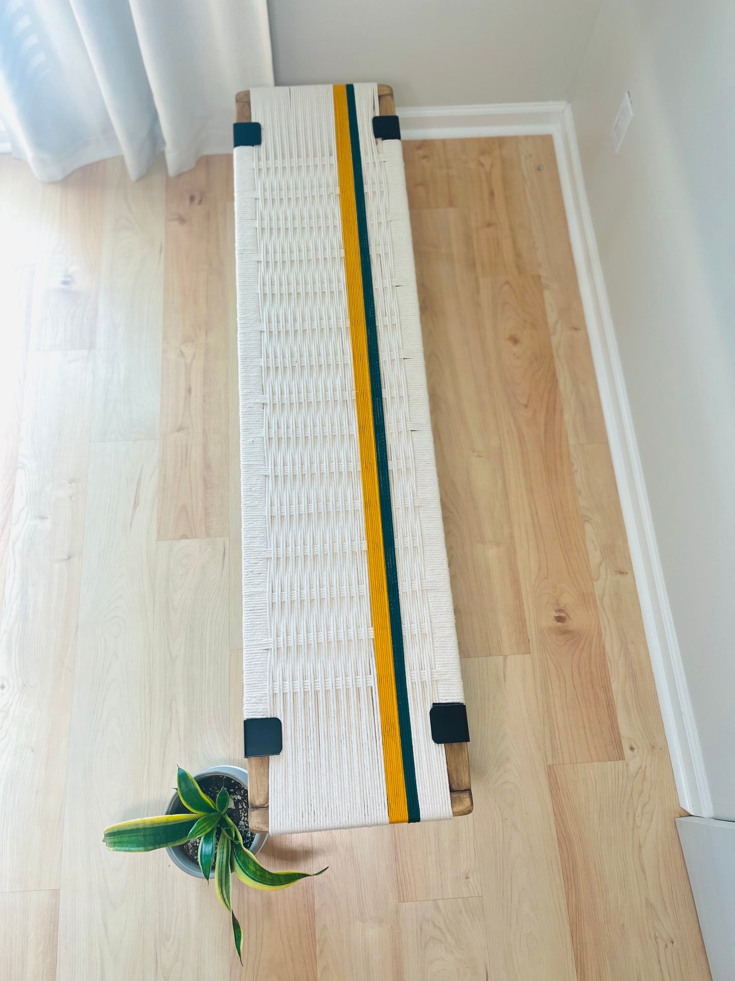 Mid Century Bench | Custom Size Woven Entryway Seating With Matte Black Legs