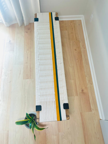 Mid Century Bench | Custom Size Woven Entryway Seating With Matte Black Legs