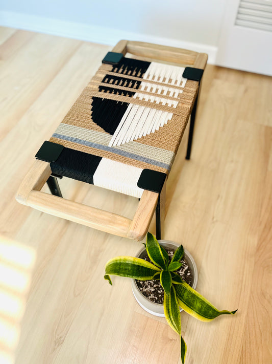 Mid Century Bench | Custom Size Woven Entryway Seating With Matte Black Legs