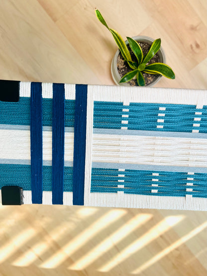 Mid Century Bench | Custom Size Woven Entryway Seating With Matte Black Legs