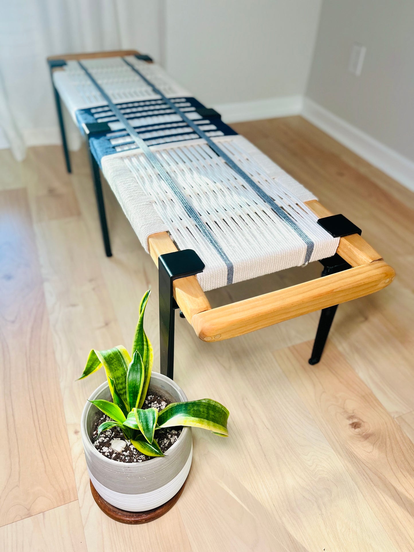 Mid Century Bench | Custom Size Woven Entryway Seating With Matte Black Legs