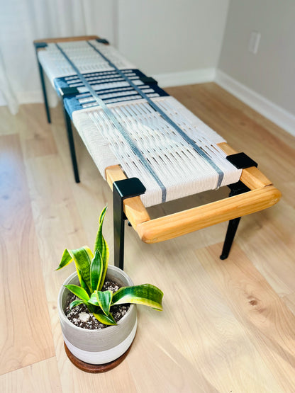 Mid Century Bench | Custom Size Woven Entryway Seating With Matte Black Legs