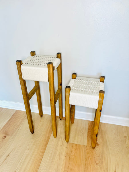 Mid-Century Modern Style Woven Indoor Plant Stands (tall set of 2)