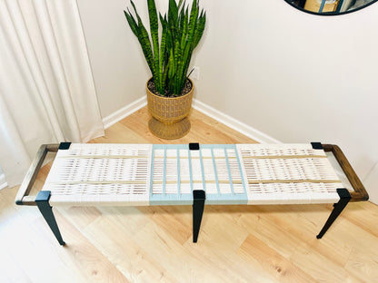 Mid Century Bench | Custom Size Woven Entryway Seating With Matte Black Legs