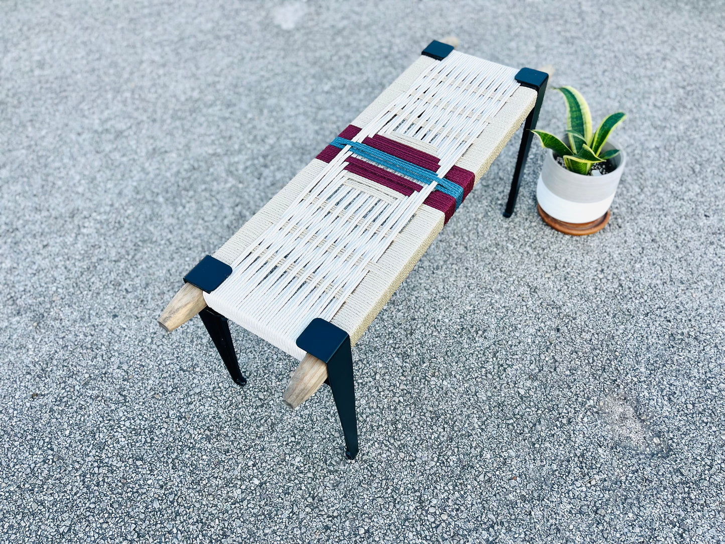 Mid Century Bench | Custom Size Woven Entryway Seating With Matte Black Legs