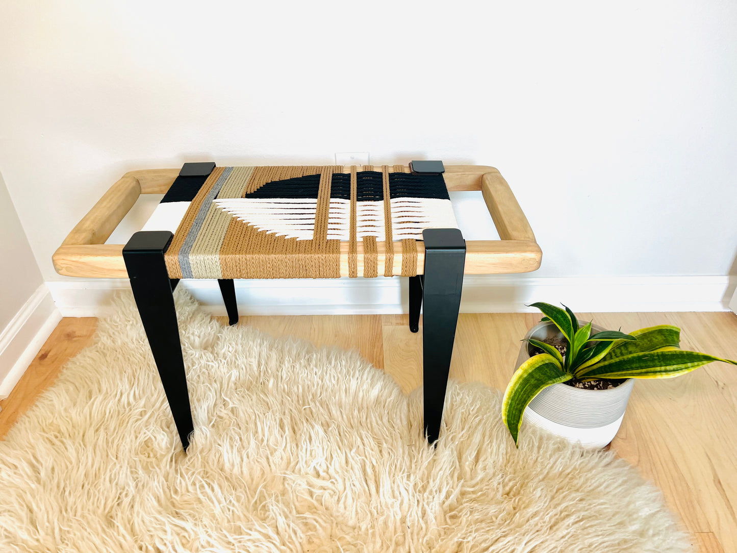 Mid Century Bench | Custom Size Woven Entryway Seating With Matte Black Legs