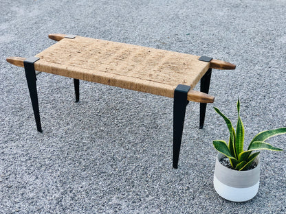 Mid Century Bench | Custom Size Woven Entryway Seating With Matte Black Legs