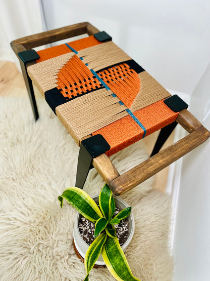 Mid Century Bench | Custom Size Woven Entryway Seating With Matte Black Legs