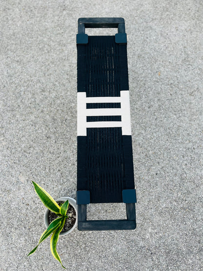 Mid Century Bench | Custom Size Woven Entryway Seating With Matte Black Legs