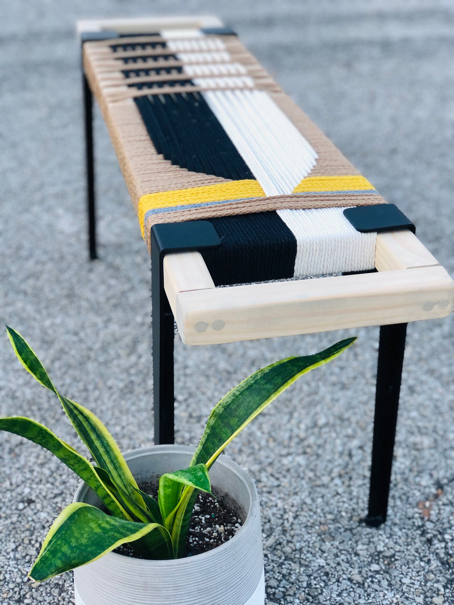 Mid Century Bench | Custom Size Woven Entryway Seating With Matte Black Legs