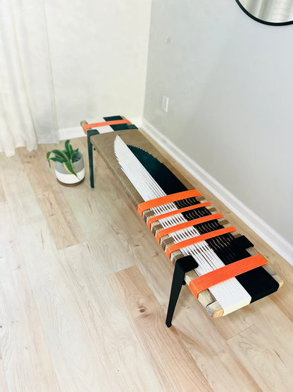 Mid Century Bench | Custom Size Woven Entryway Seating With Matte Black Legs