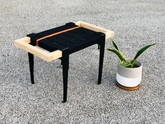 Mid Century Bench | Custom Size Woven Entryway Seating With Matte Black Legs