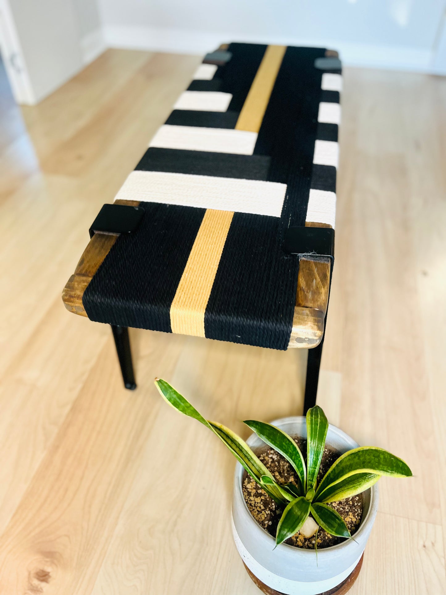 Mid Century Bench | Custom Size Woven Entryway Seating With Matte Black Legs