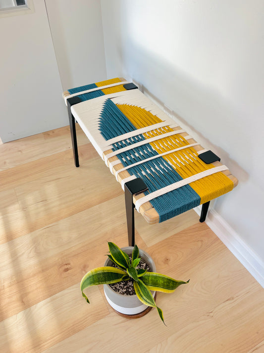 Mid Century Bench | Custom Size Woven Entryway Seating With Matte Black Legs