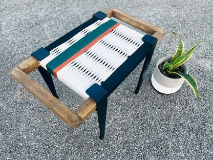 Mid Century Bench | Custom Size Woven Entryway Seating With Matte Black Legs