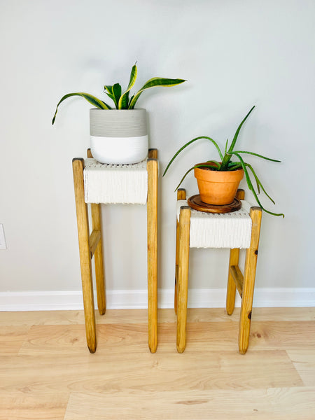 Mid-Century Modern Style Woven Indoor Plant Stands (tall set of 2)