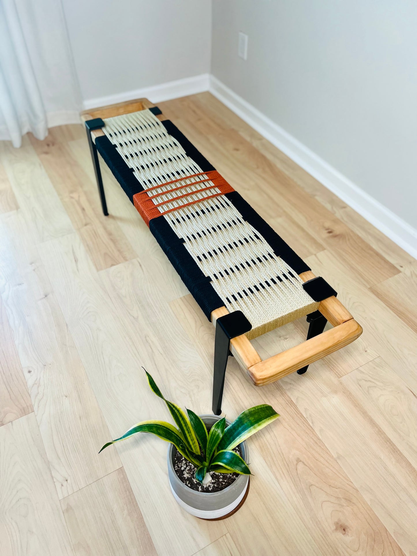 Mid Century Bench | Custom Size Woven Entryway Seating With Matte Black Legs