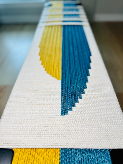 Mid Century Bench | Custom Size Woven Entryway Seating With Matte Black Legs