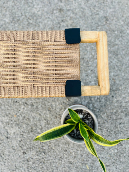 Mid Century Bench | Custom Size Woven Entryway Seating With Matte Black Legs