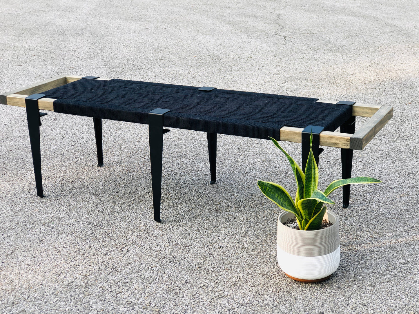 Mid Century Bench | Custom Size Woven Entryway Seating With Matte Black Legs