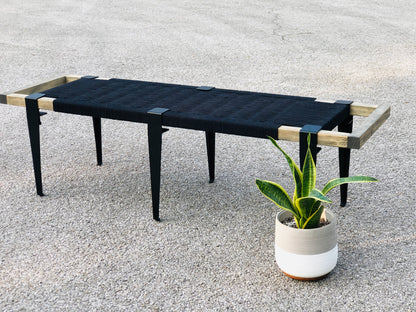 Mid Century Bench | Custom Size Woven Entryway Seating With Matte Black Legs