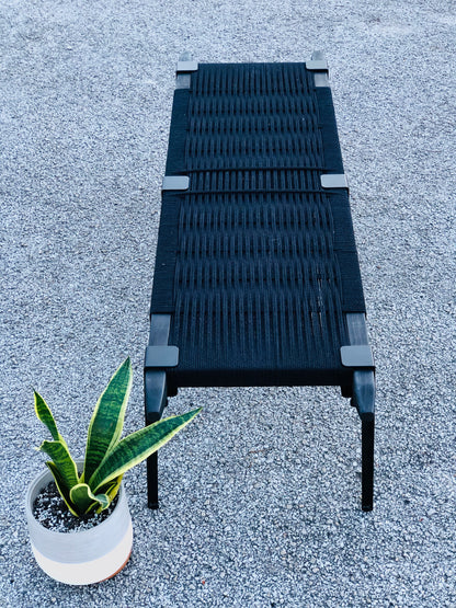Mid Century Bench | Custom Size Woven Entryway Seating With Matte Black Legs