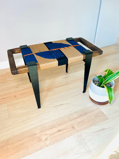 Mid Century Bench | Custom Size Woven Entryway Seating With Matte Black Legs