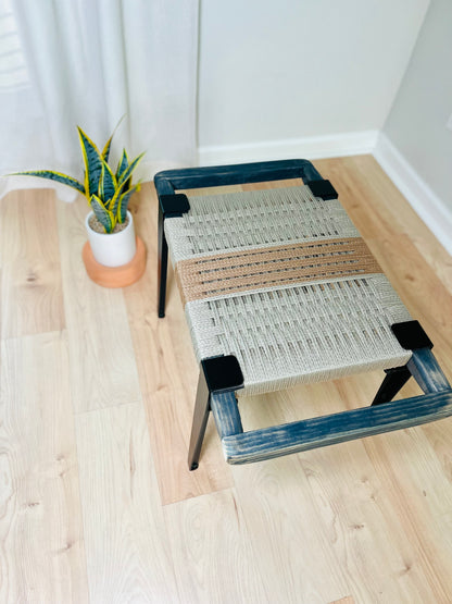 Mid Century Bench | Custom Size Woven Entryway Seating With Matte Black Legs