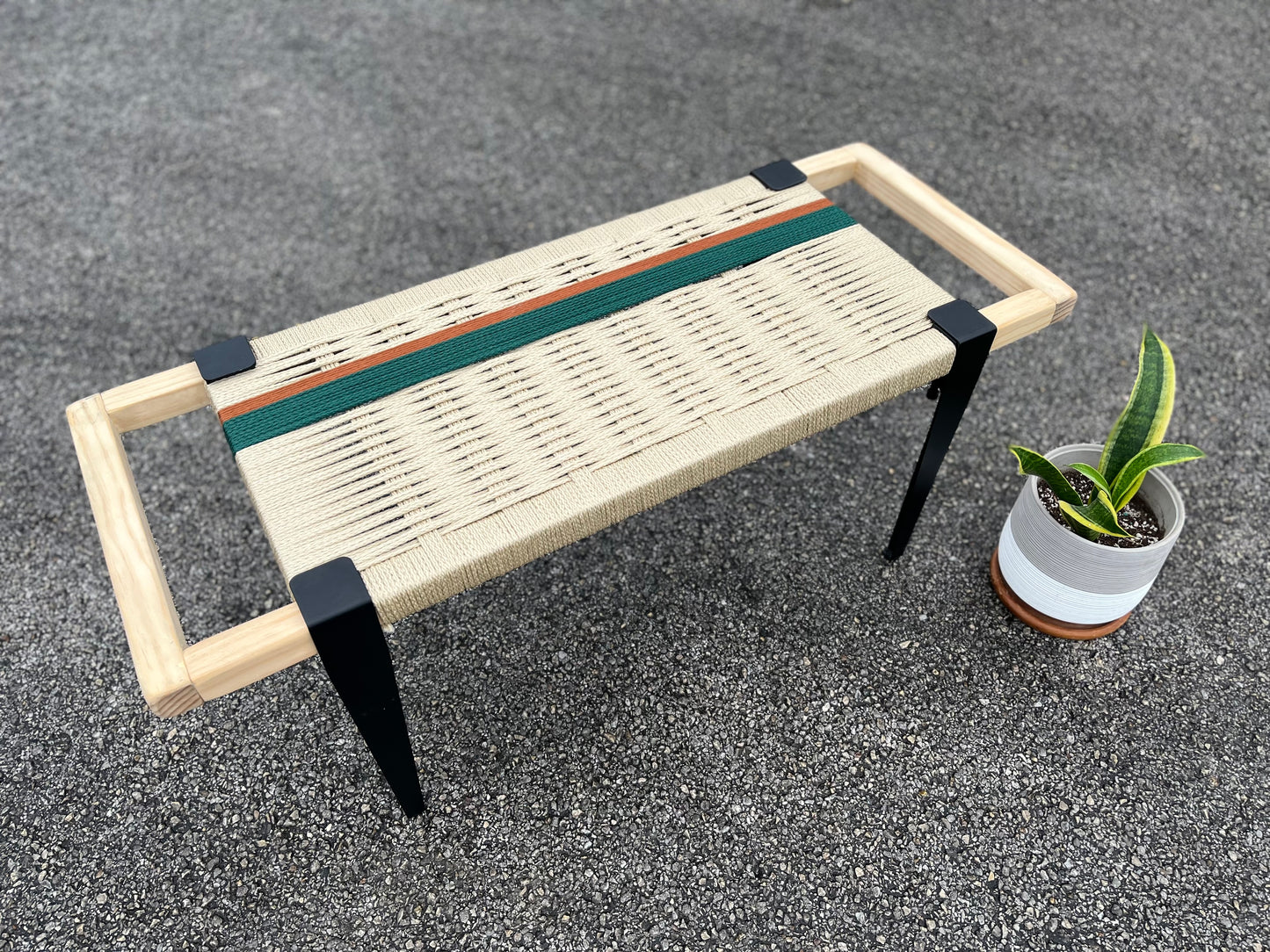 Mid Century Bench | Custom Size Woven Entryway Seating With Matte Black Legs