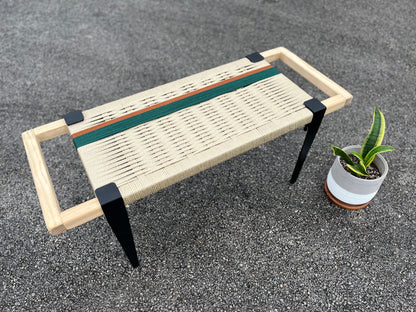 Mid Century Bench | Custom Size Woven Entryway Seating With Matte Black Legs