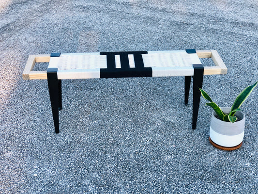 Mid Century Bench | Custom Size Woven Entryway Seating With Matte Black Legs