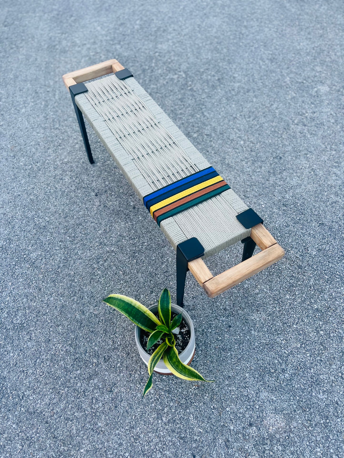 Mid Century Bench | Custom Size Woven Entryway Seating With Matte Black Legs