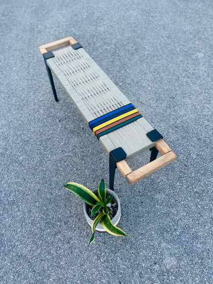 Mid Century Bench | Custom Size Woven Entryway Seating With Matte Black Legs