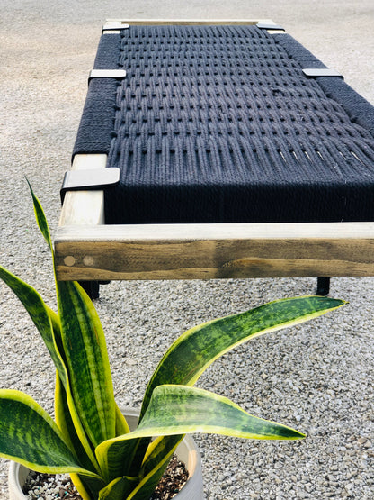 Mid Century Bench | Custom Size Woven Entryway Seating With Matte Black Legs