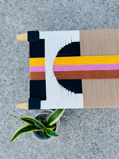 Mid Century Bench | Custom Size Woven Entryway Seating With Matte Black Legs