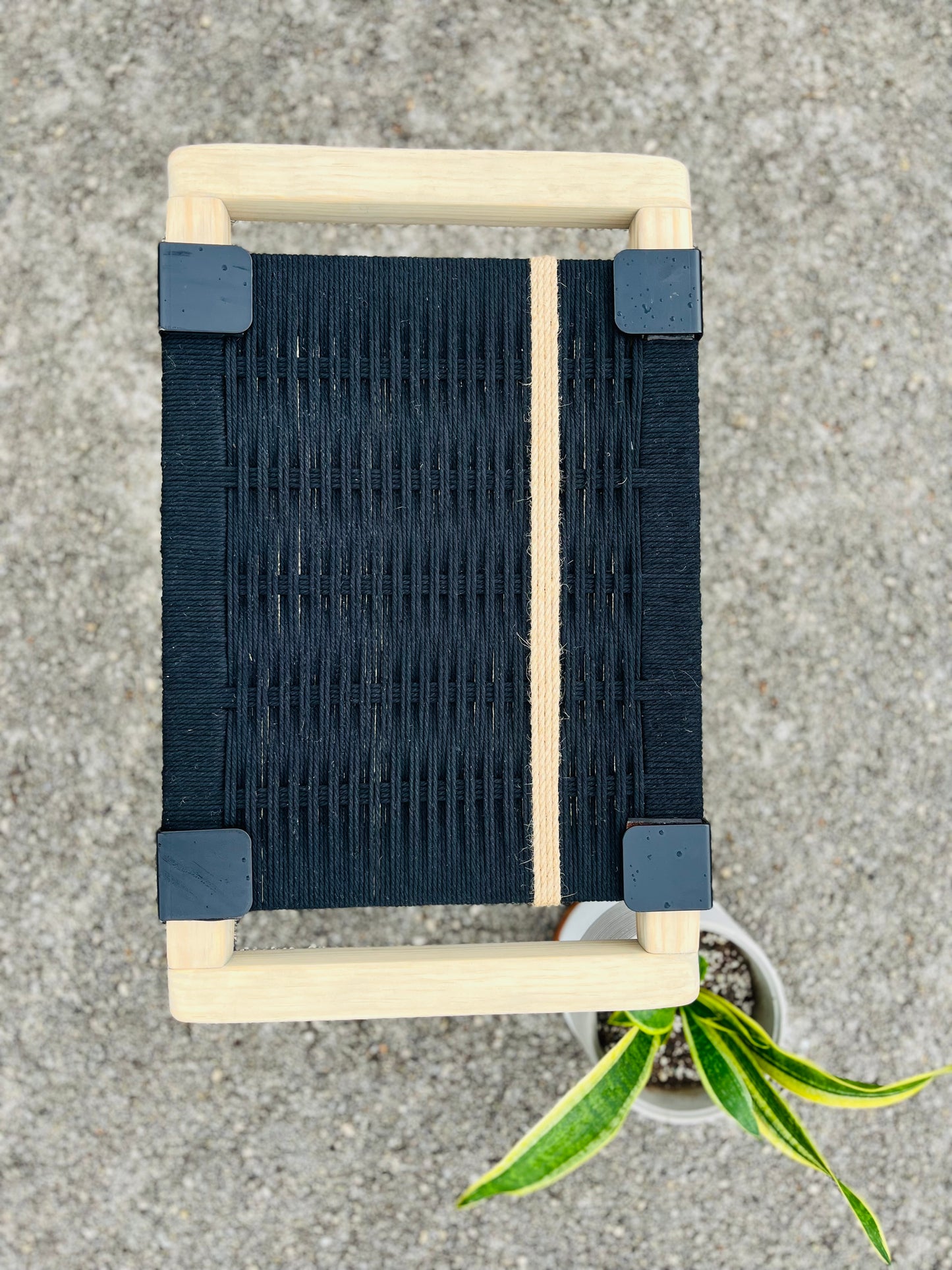 Mid Century Bench | Custom Size Woven Entryway Seating With Matte Black Legs